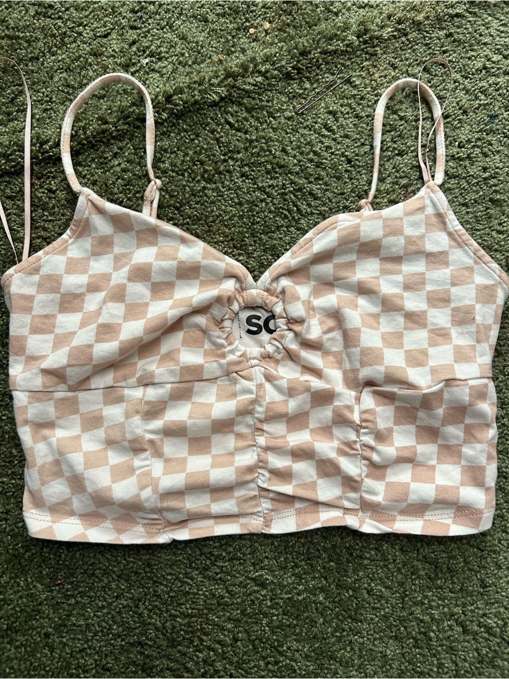 SO Checkered Ruched Crop Cami in Beige and White
